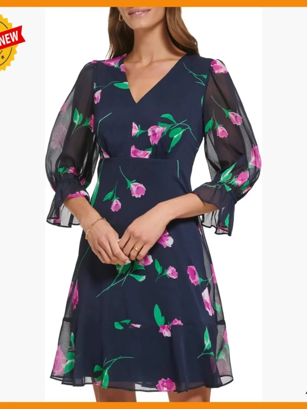 V-Neck Balloon Sleeve Ruffle Hem Dress Casual Chiffon 3/4 Sleeve - Picture 1 of 5